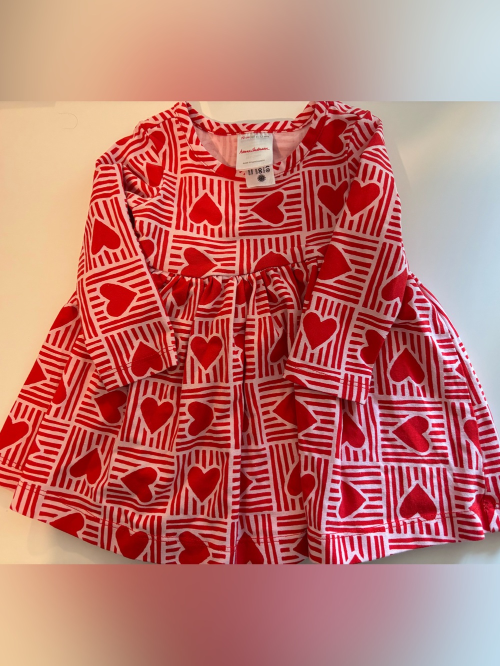 Hanna Andersson Pink and Red Heart Pattern Long Sleeve Dress 6-12 months